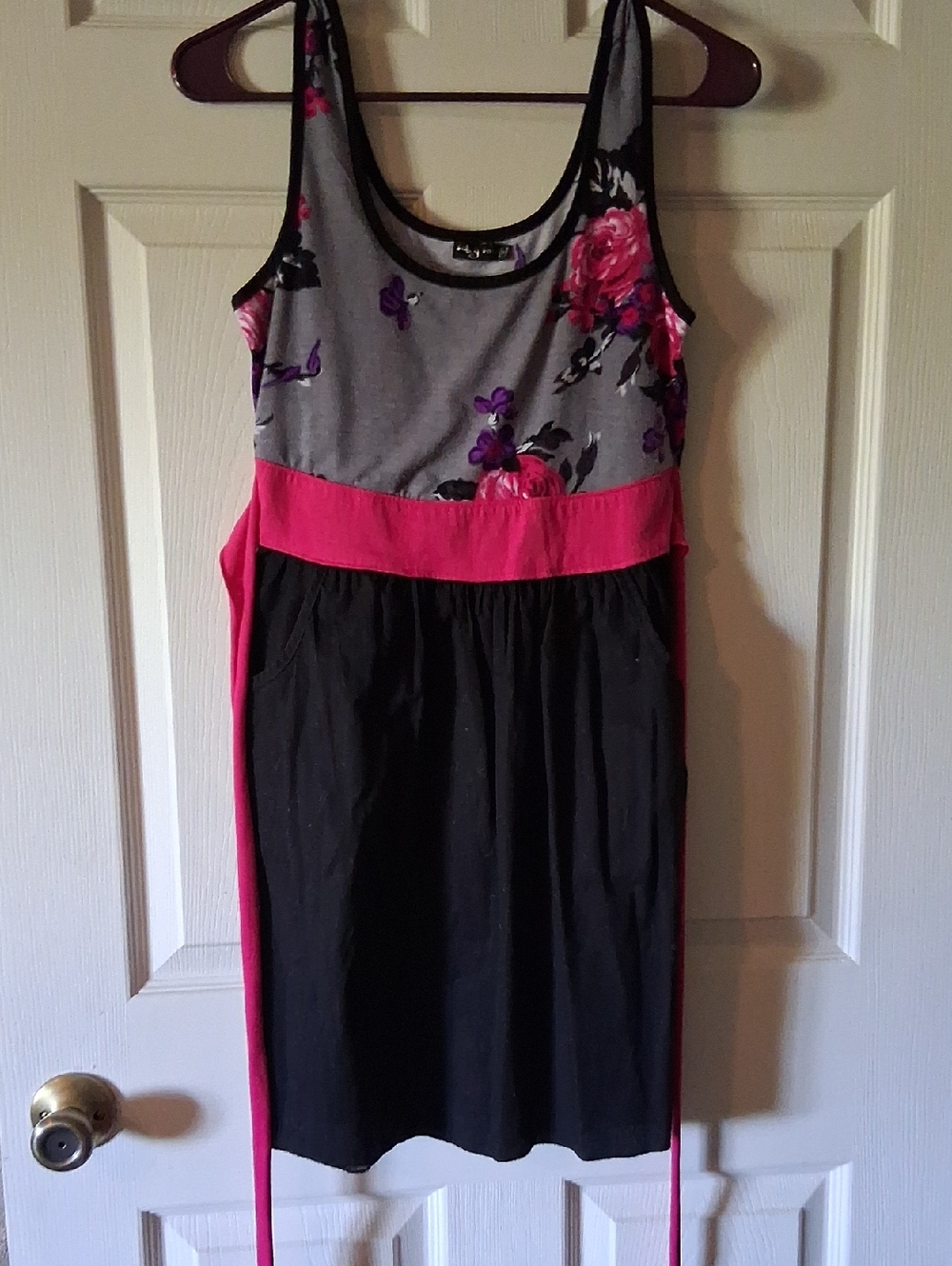 Ruby Rox Grey Floral Tank Dress with Black Skirt and Pink Waistband
